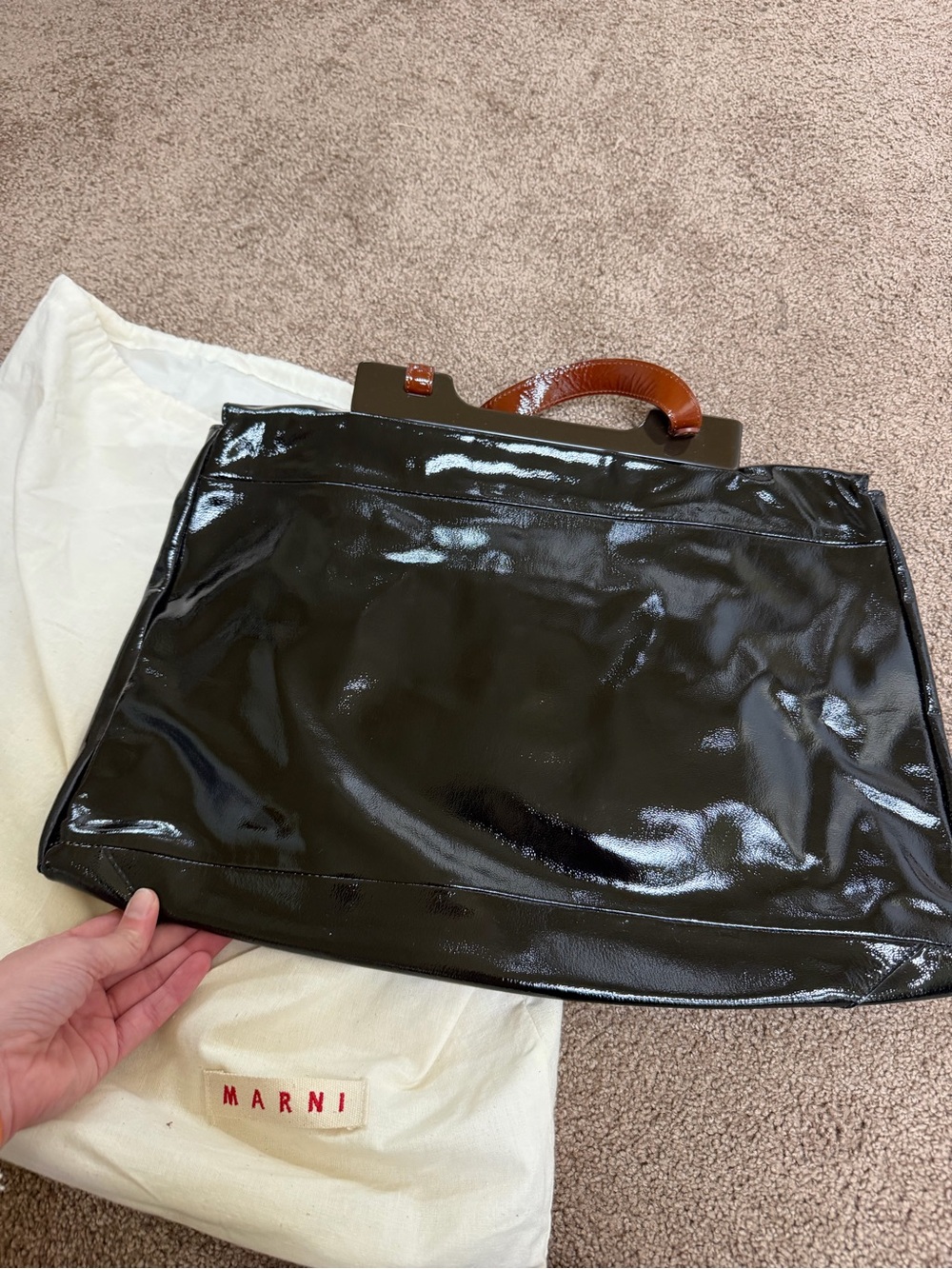 Marni Black Patent Satchel with Brown Top Handle - Picture 2 of 4